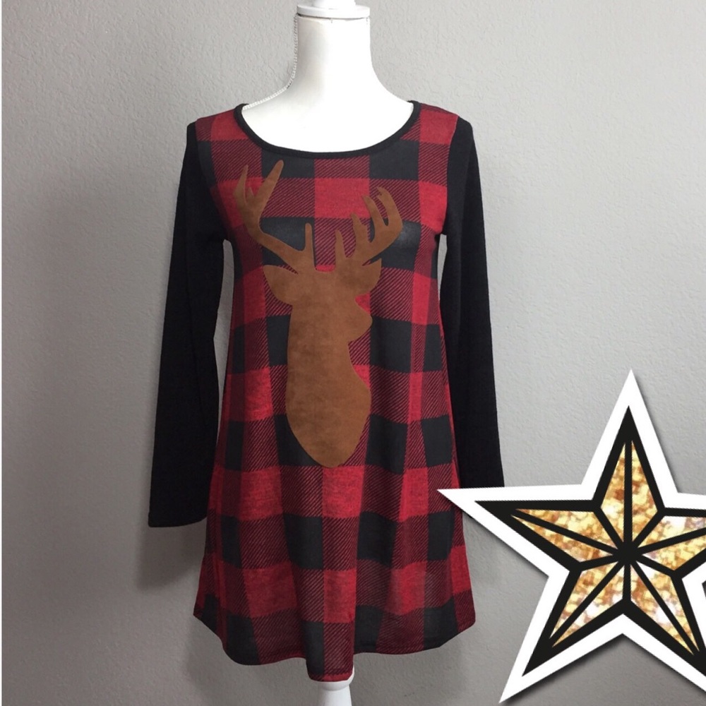 Red & Black Tunic w/ Deer Appliqué